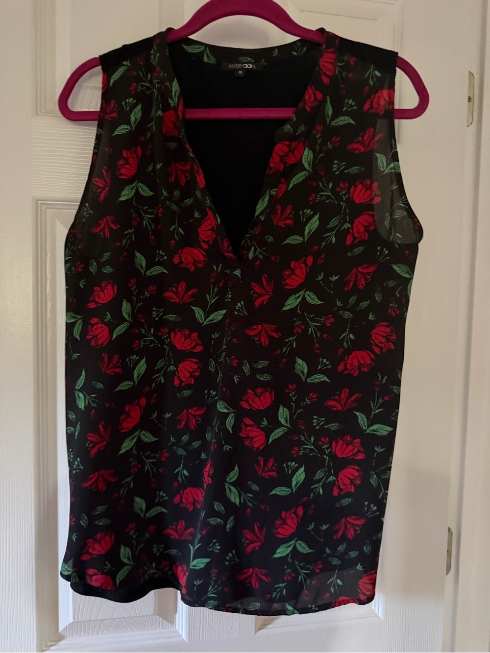 Papermoon Black Floral V-Neck Camisole with Red & Green Print